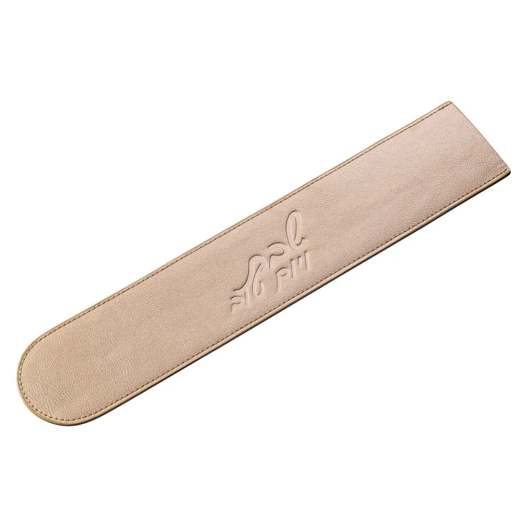 Tan leather knife blade cover with embossed design, crafted by Waterdale Collection for safe kitchen storage and Shabbat use.