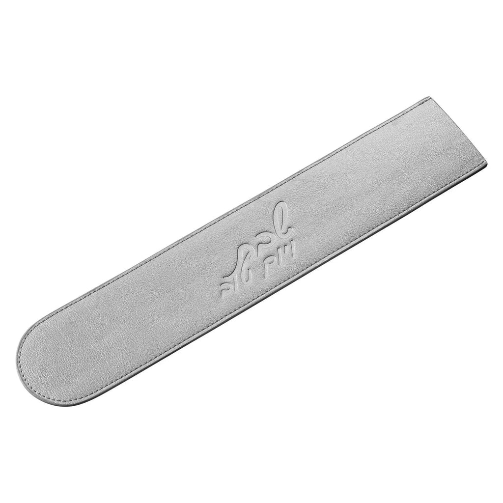 Gray leather knife blade cover with embossed detail, designed to protect knife edges during storage and transport.