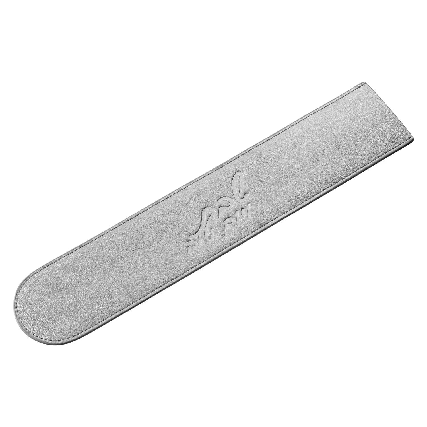 Gray leather knife blade cover with embossed detail, designed to protect knife edges during storage and transport.