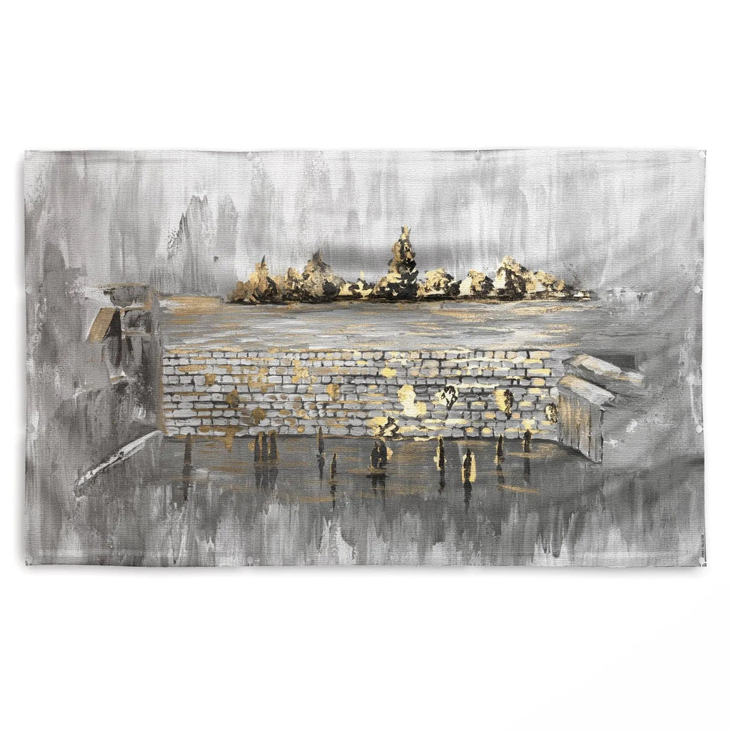 Kosel After Rain sukkah decoration featuring a misty watercolor scene with golden brick wall, reflective water, and distant Jerusalem cityscape in grays and gold accents.