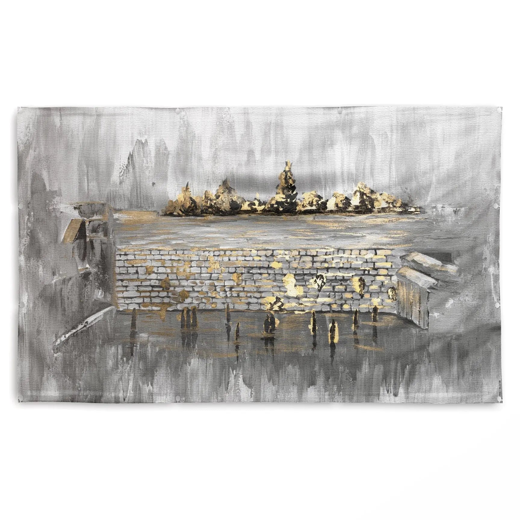 Kosel After Rain sukkah decoration featuring a misty watercolor scene with golden brick wall, reflective water, and distant Jerusalem cityscape in grays and gold accents.