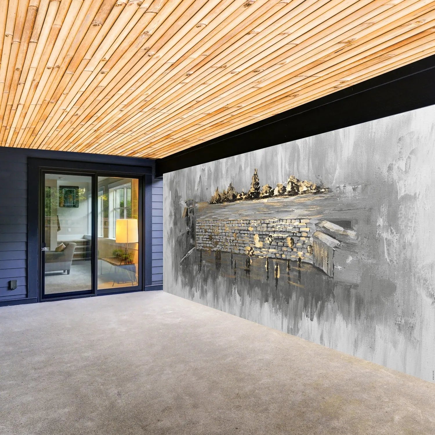 Kosel After Rain vinyl Sukkah decoration featuring a watercolor-style landscape painting mounted on a white wall in a modern sukkah space.