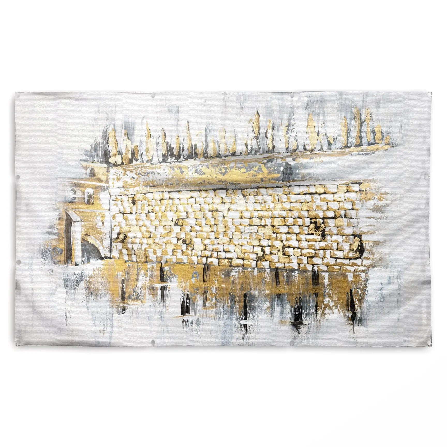 Kosel at Winter vinyl sukkah decoration featuring a golden-toned Western Wall illustration with winter cityscape in watercolor style.