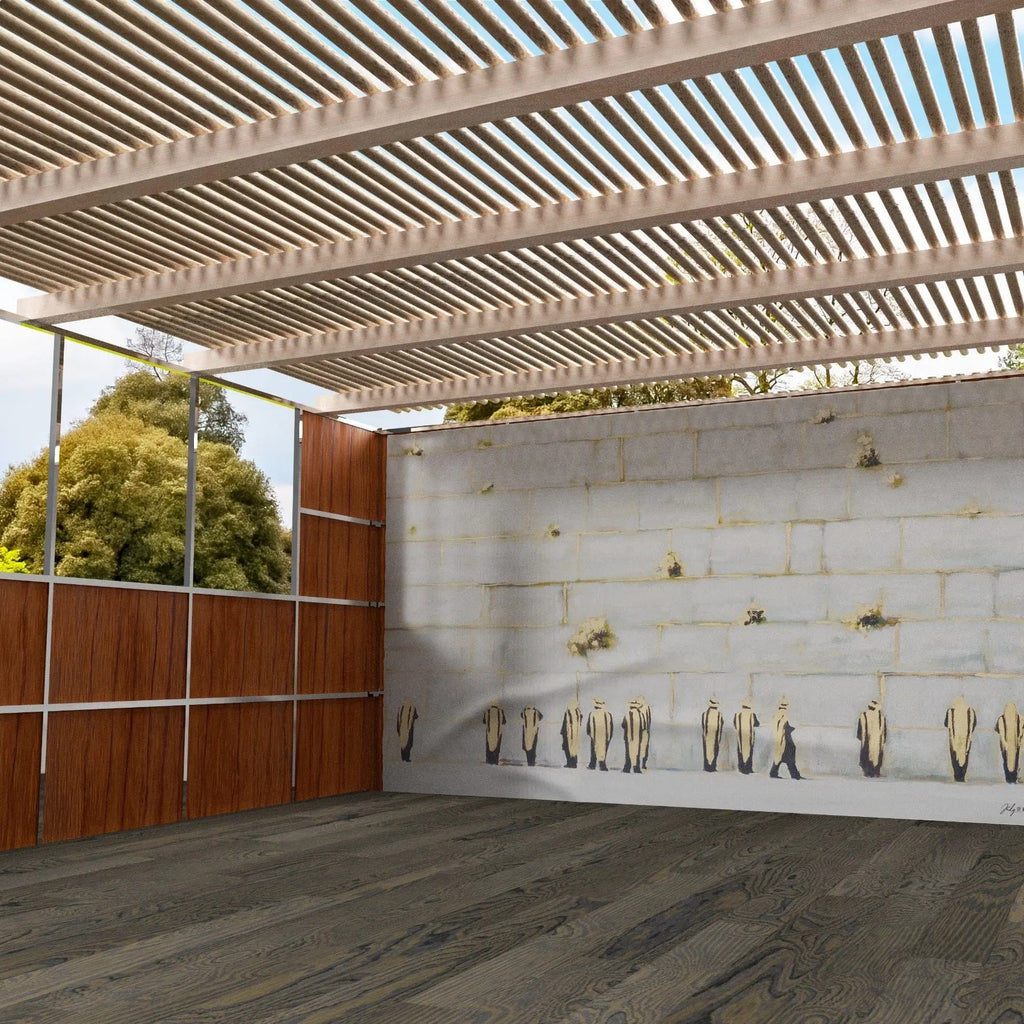 Kosel by Judy vinyl sukkah decoration featuring Jerusalem cityscape wall art hung in decorated sukkah space with wooden frame and natural lighting.