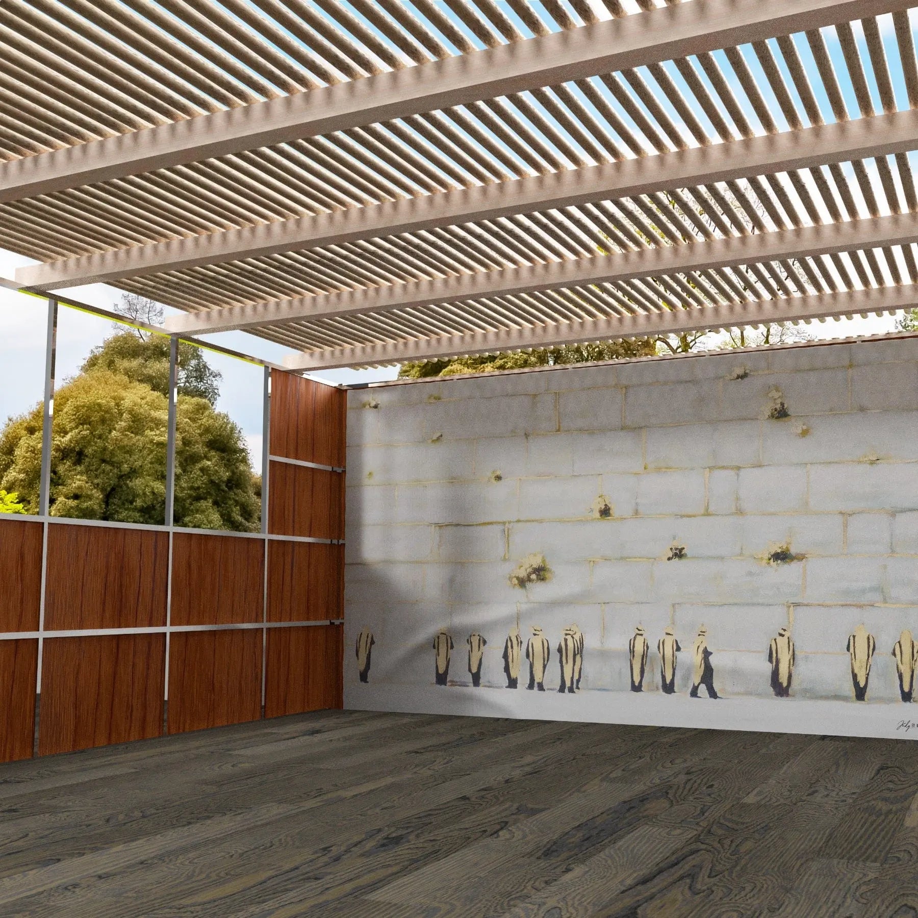 Kosel by Judy vinyl sukkah decoration featuring Jerusalem cityscape wall art hung in decorated sukkah space with wooden frame and natural lighting.