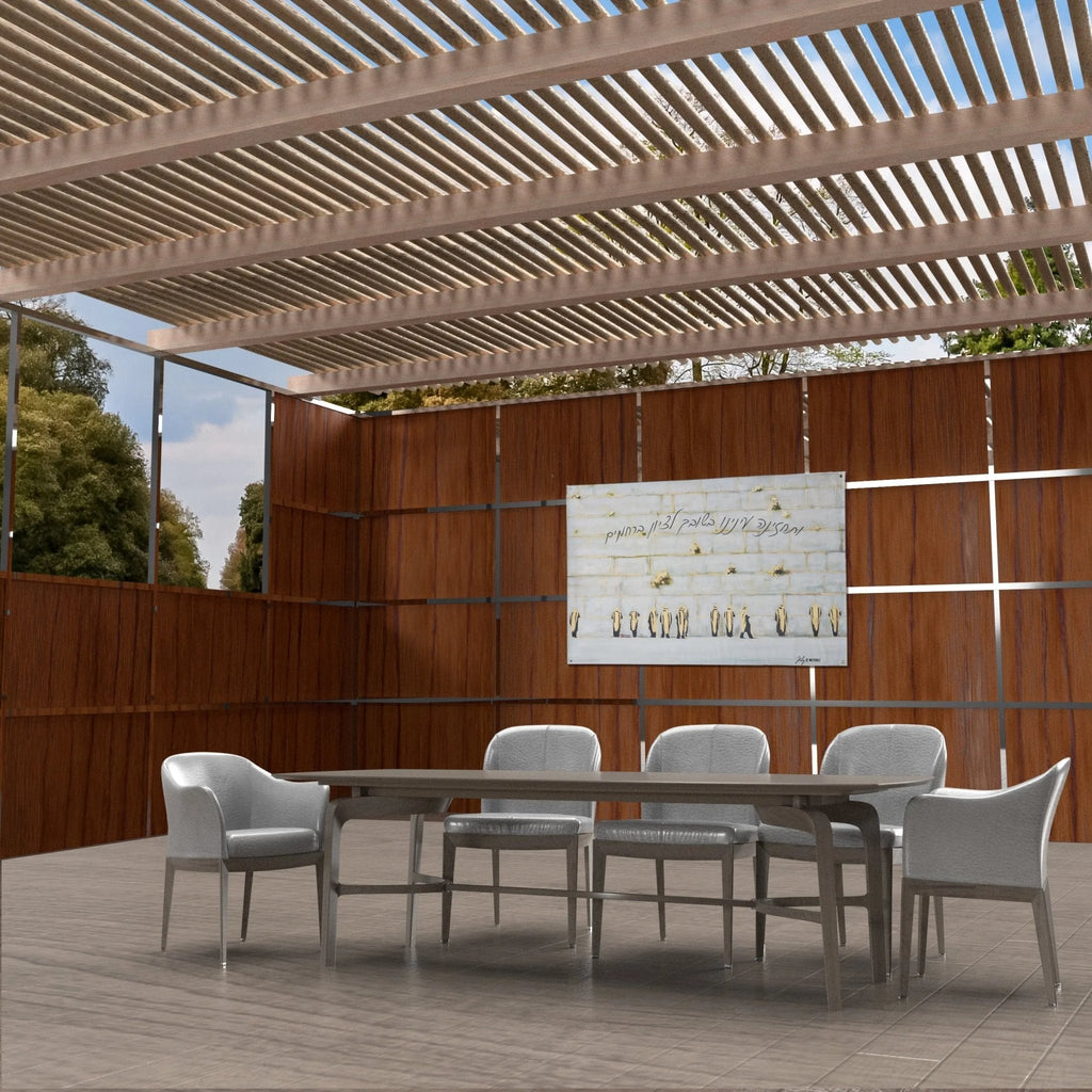 Kosel by Judy vinyl sukkah decoration displayed in modern outdoor sukkah setting with wooden walls and contemporary furniture