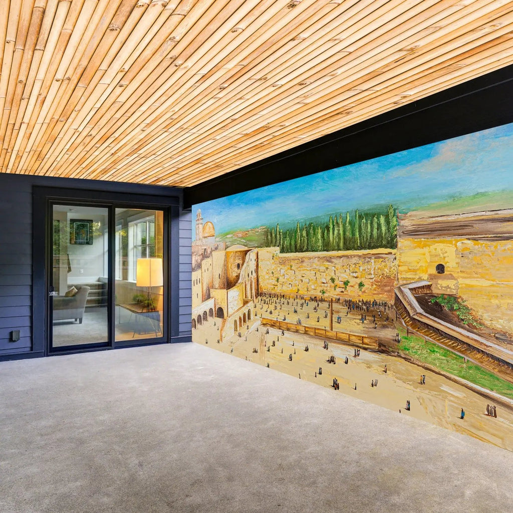 Kosel in Color vinyl sukkah decoration showing a scenic harvest landscape view with wheat field and cypress trees for Sukkot holiday.