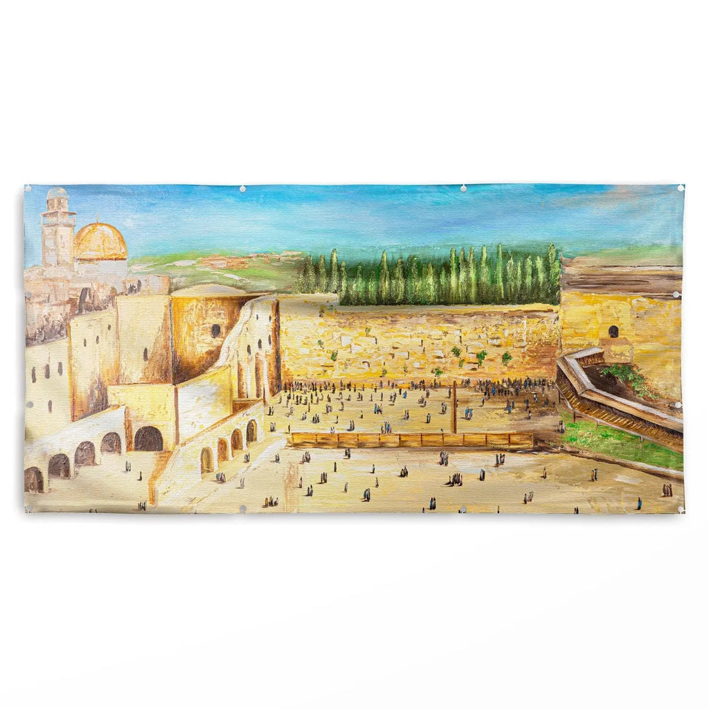 Colorful vinyl Kosel sukkah decoration featuring the Western Wall and Jerusalem landscape with painted architectural details and blue sky.