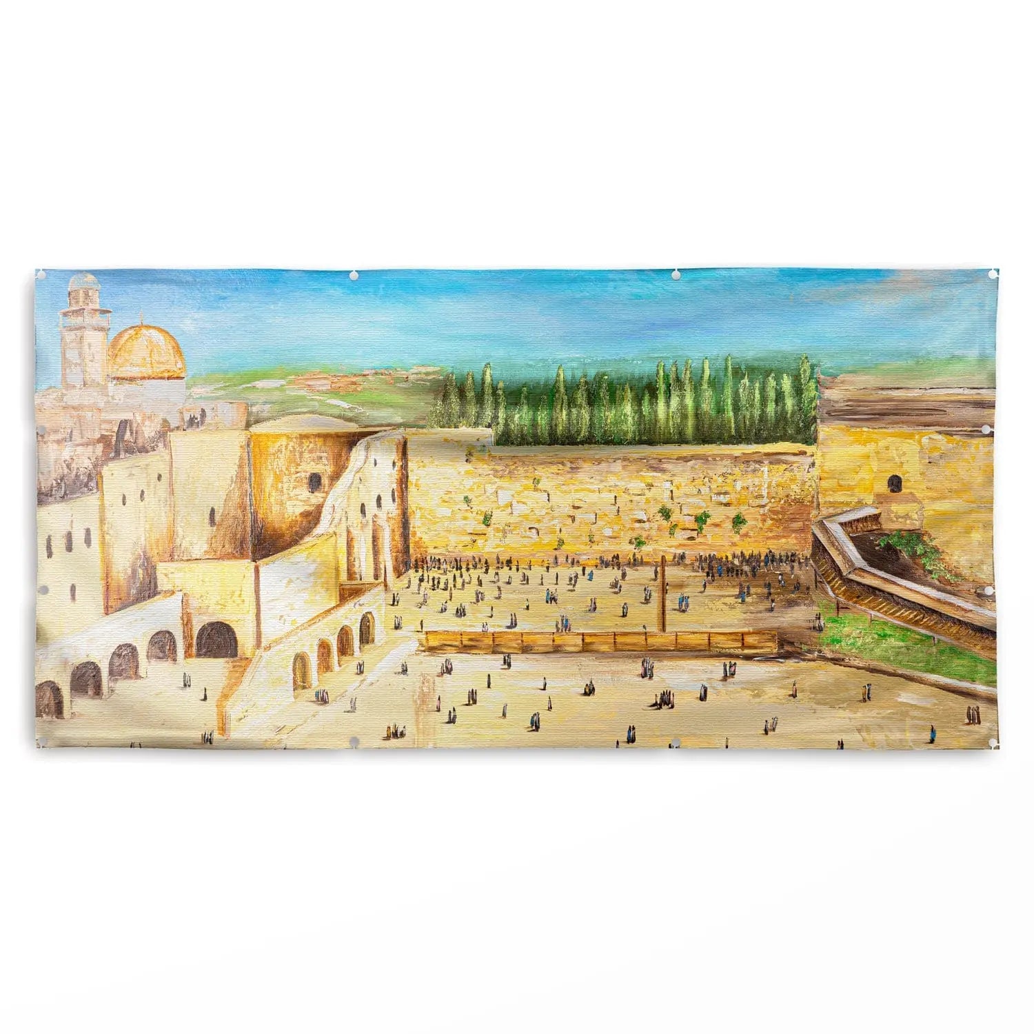 Colorful vinyl Kosel sukkah decoration featuring the Western Wall and Jerusalem landscape with painted architectural details and blue sky.
