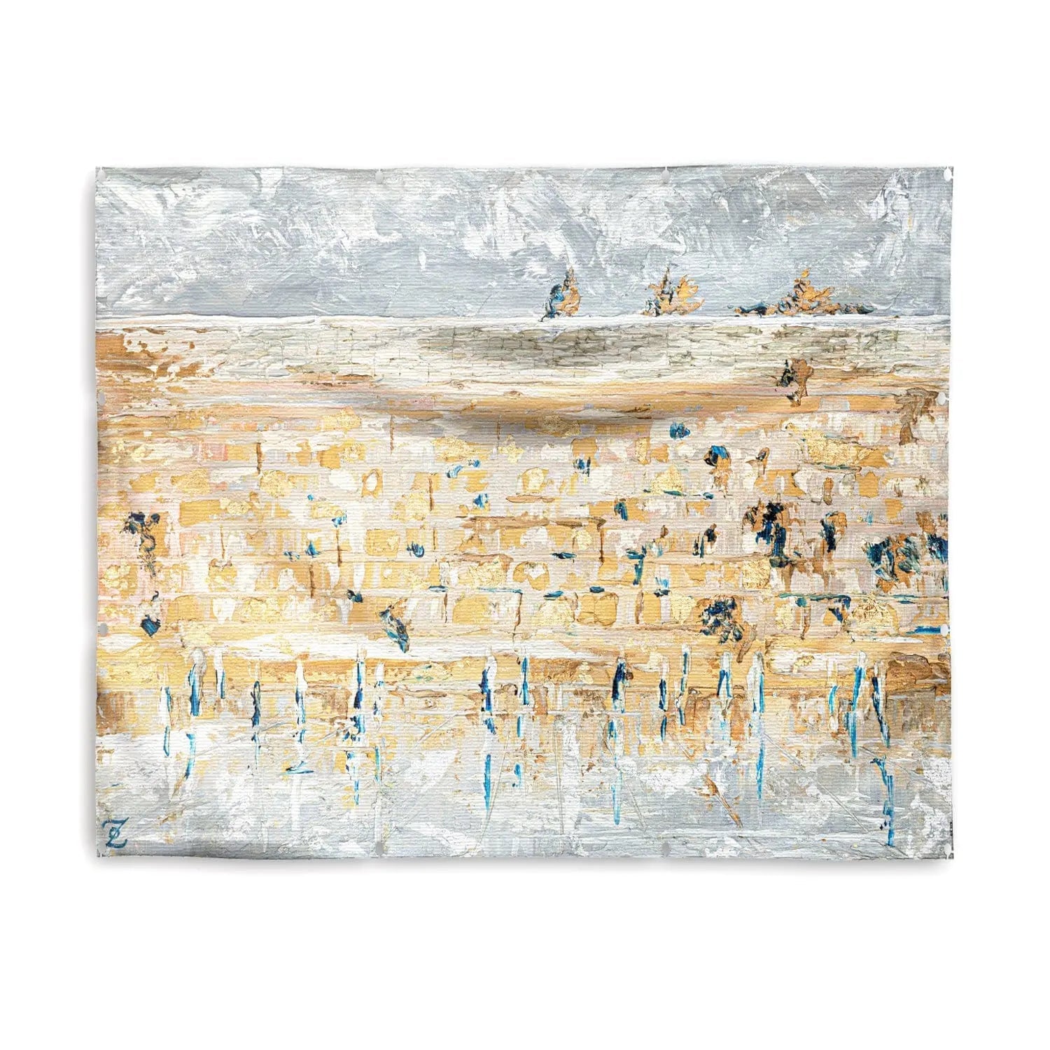 Gray and gold Kosel vinyl sukkah decoration featuring an abstract painted scene of Jerusalem's Western Wall with textured brushstrokes and muted tones.