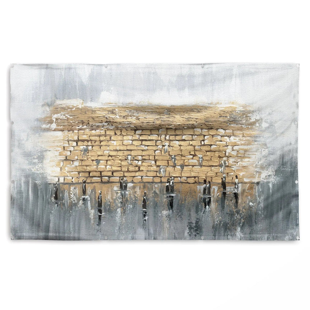 Kosel Reflected in Prayer sukkah decoration featuring a painted brick wall design with gold and gray tones, watercolor-style finish on vinyl material for holiday decor.
