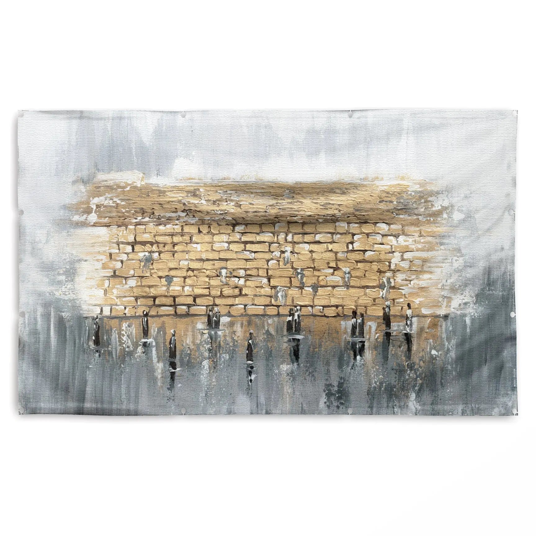 Kosel Reflected in Prayer sukkah decoration featuring a painted brick wall design with gold and gray tones, watercolor-style finish on vinyl material for holiday decor.