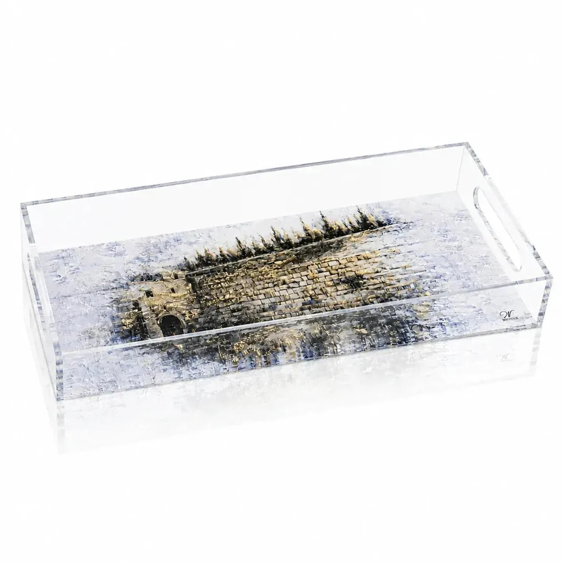 Kosel Teal Bread Tray with clear acrylic base and decorative landscape design, ideal for Shabbat serving and table decor.