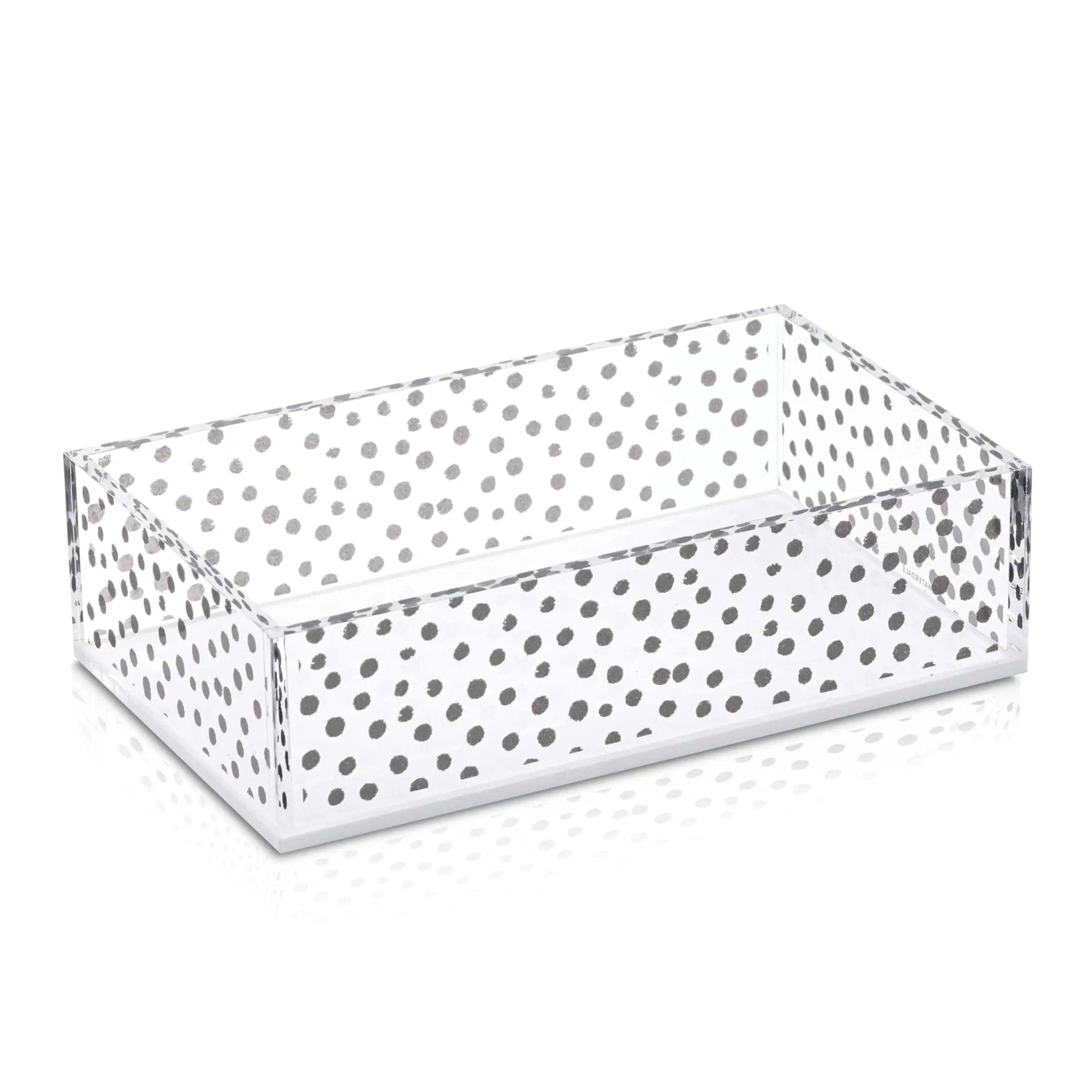 White KS Inspired guest towel holder with polka dot pattern, rectangular tabletop napkin organizer for bathroom or vanity décor.