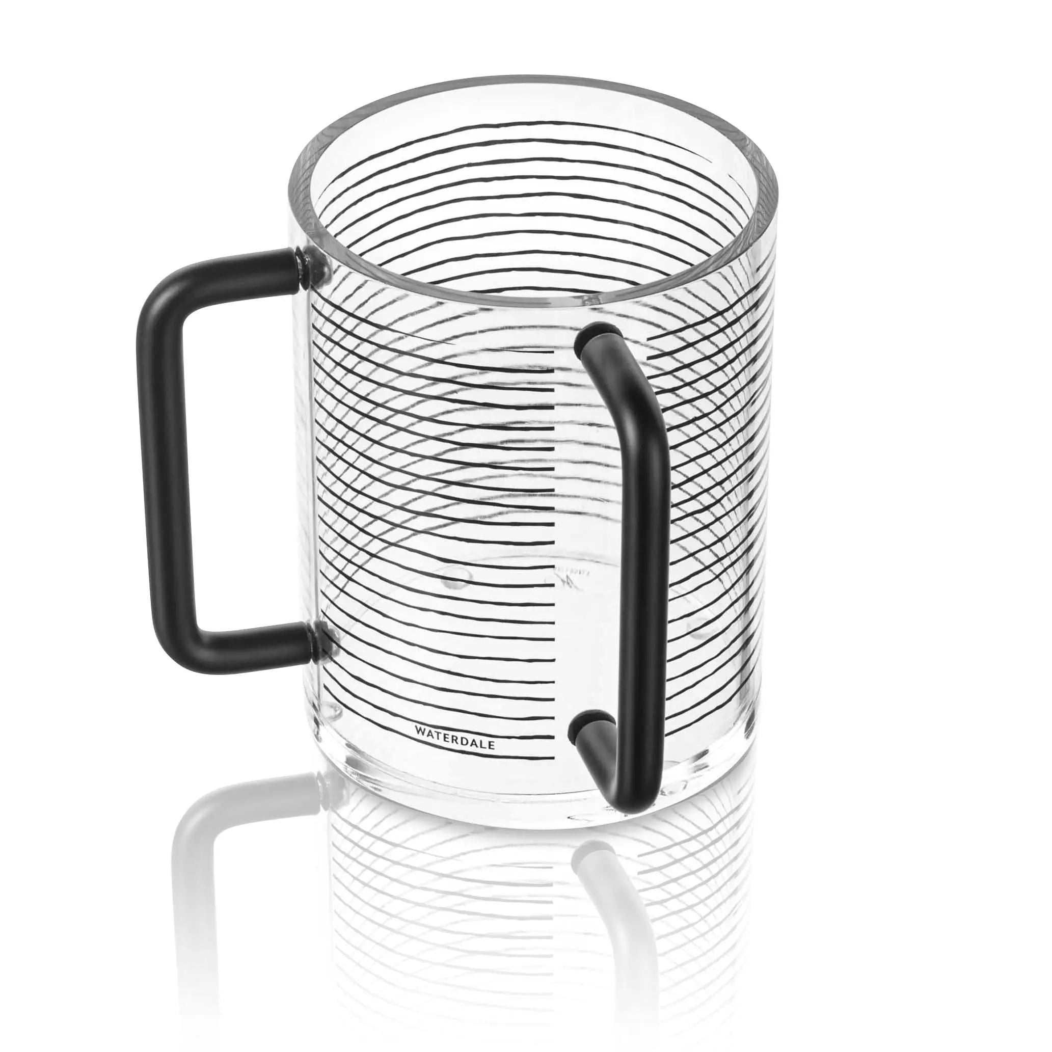 KS Inspired clear plastic washing cup with black handles, ridged design, ideal for ritual handwashing and bathroom use.