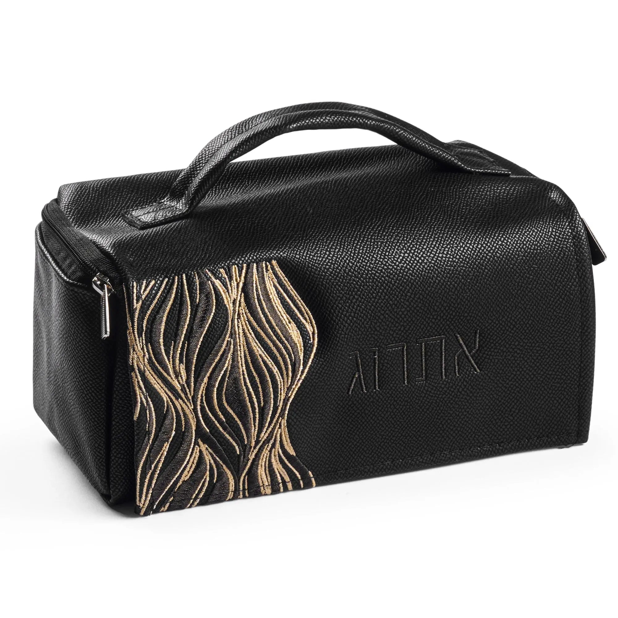 Black leather Lace Esrog bag with decorative gold lace detailing and carry handle, ideal for Sukkot holiday storage.