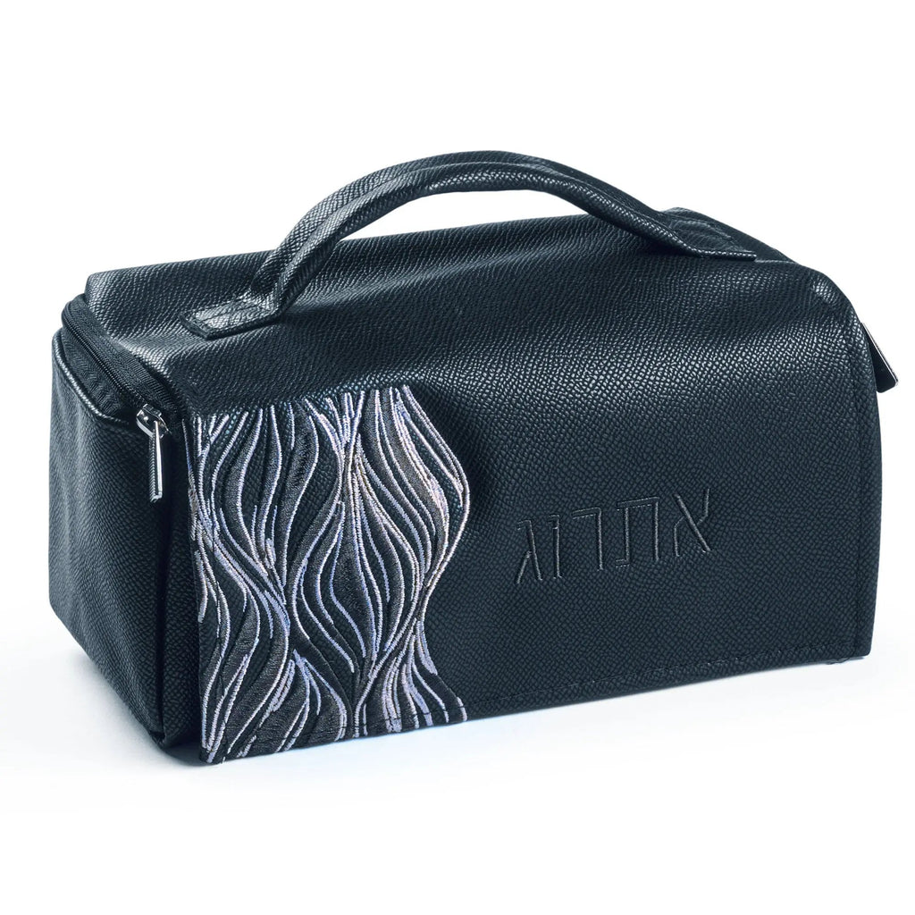 Black leather Lace Esrog bag with decorative lace panel detail and top handle, designed for Sukkot holiday storage and transport.