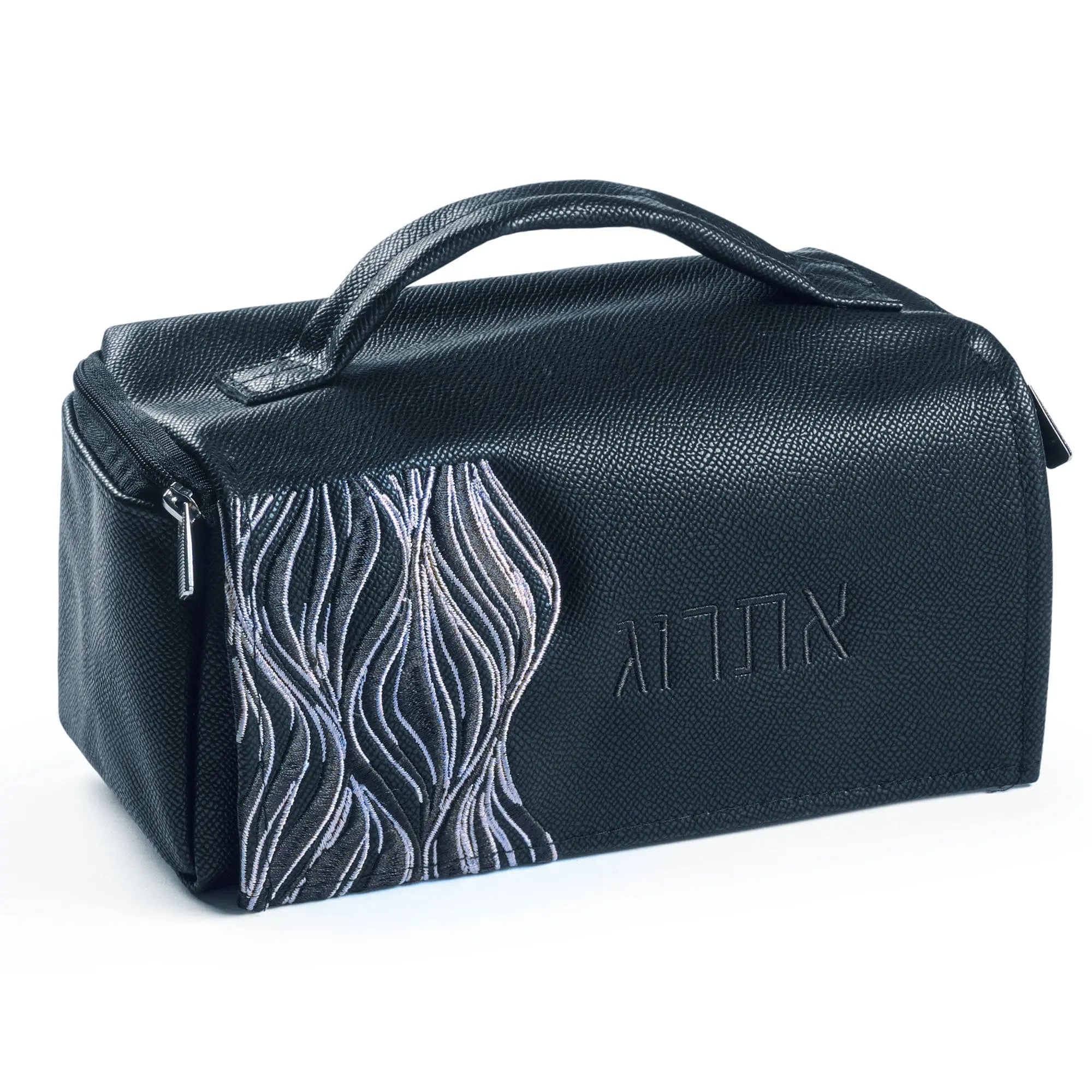 Black leather Lace Esrog bag with decorative lace panel detail and top handle, designed for Sukkot holiday storage and transport.