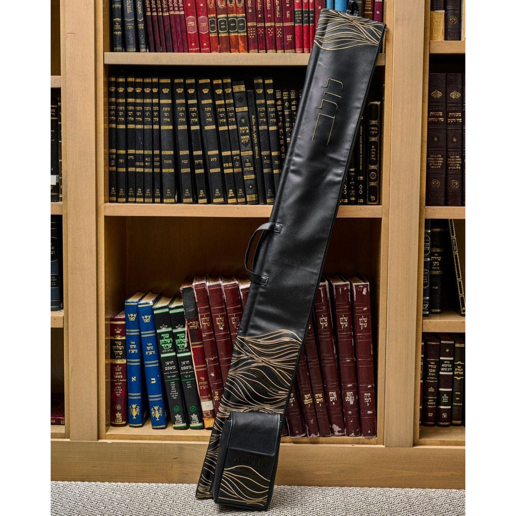 Lace Lulav and Esrog Case displayed in front of a wooden bookcase.