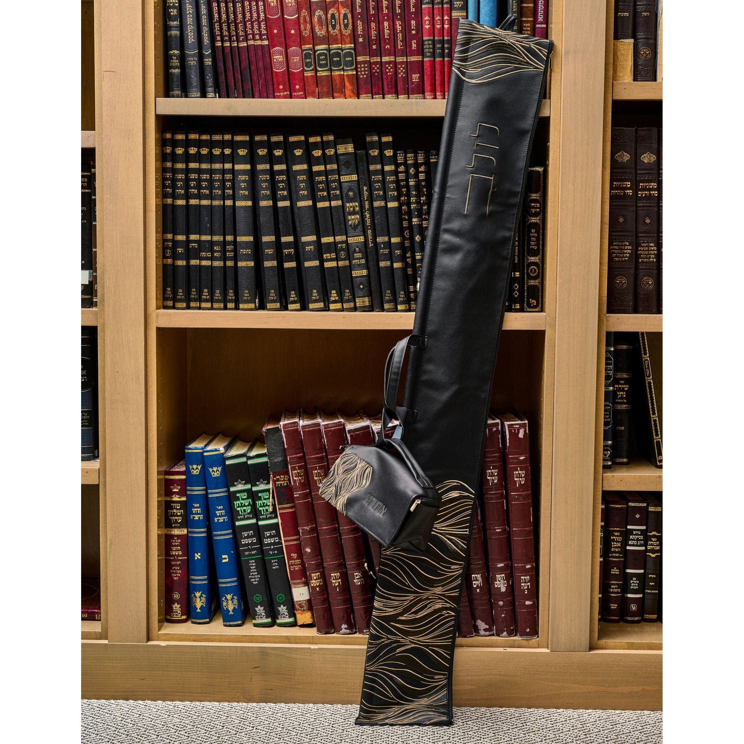 Lace Esrog Bag displayed in front of a wooden bookcase filled with Jewish sefarim.