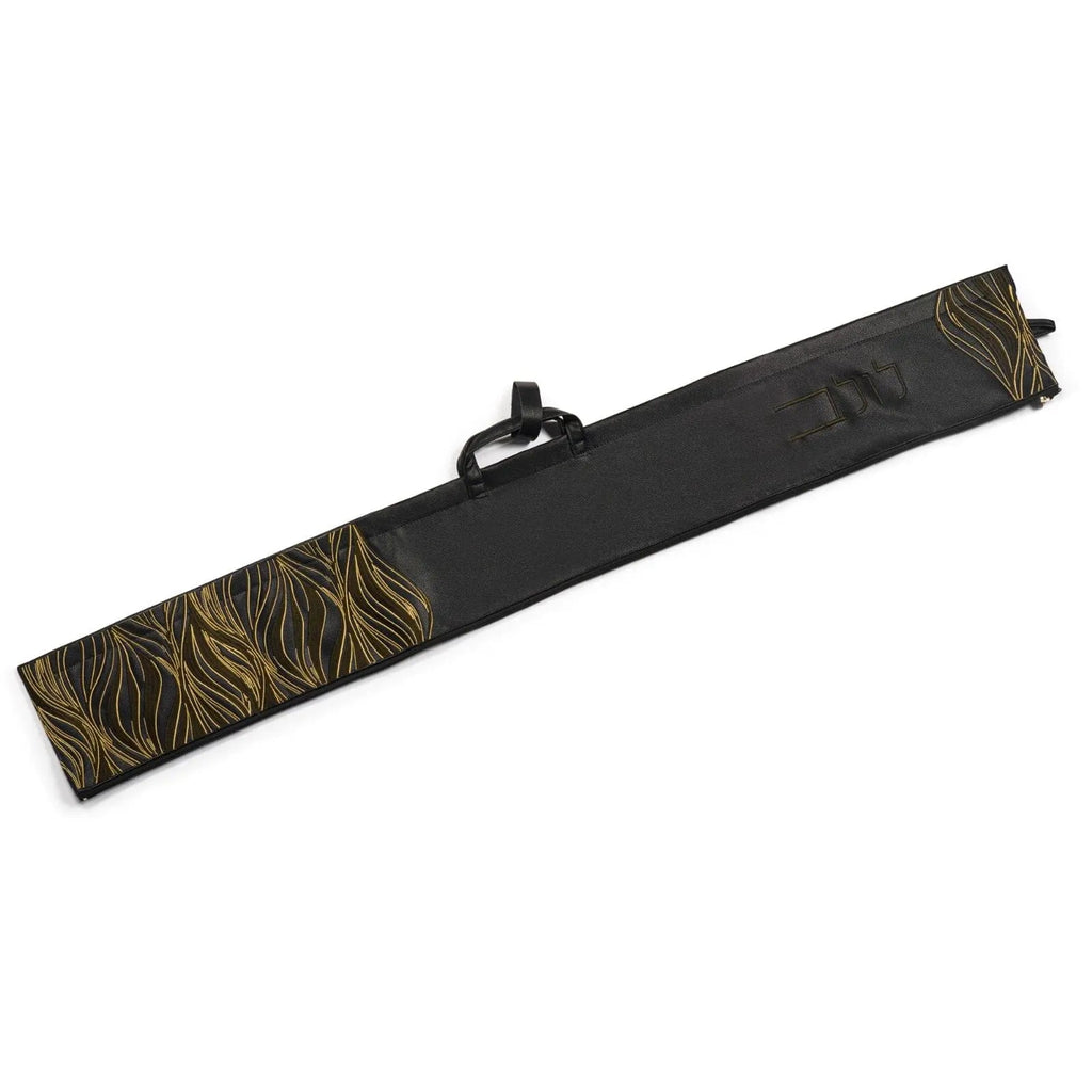 Black and brown leather lace lulav case with decorative woven details and carrying handle for Sukkot holiday.