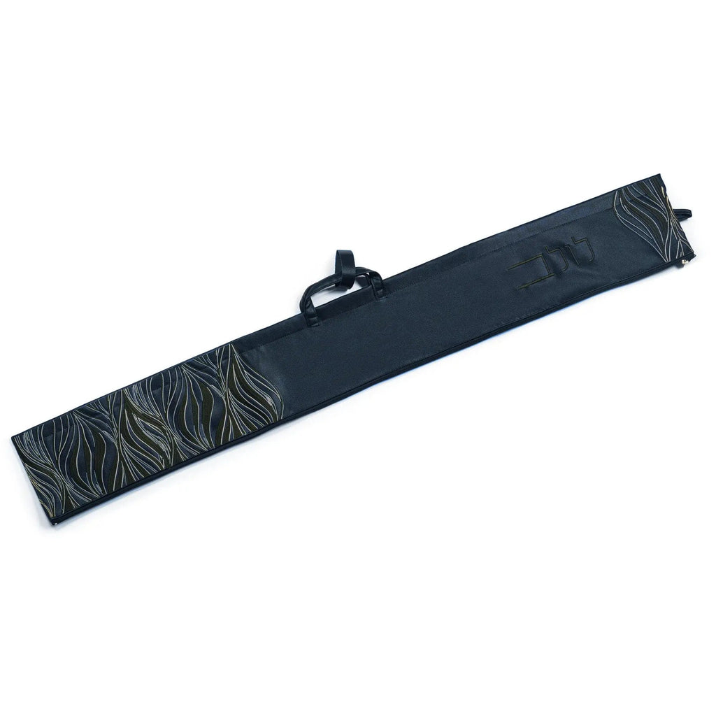 Black leather lace lulav case with textured weave design and carrying handle for Sukkot holiday storage.