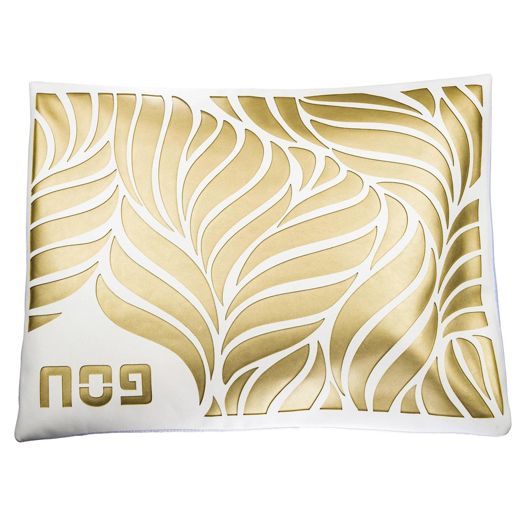 Leaf Laser Cut Pesach Set with white and gold leaf pattern design on white leather tray, Waterdale Collection