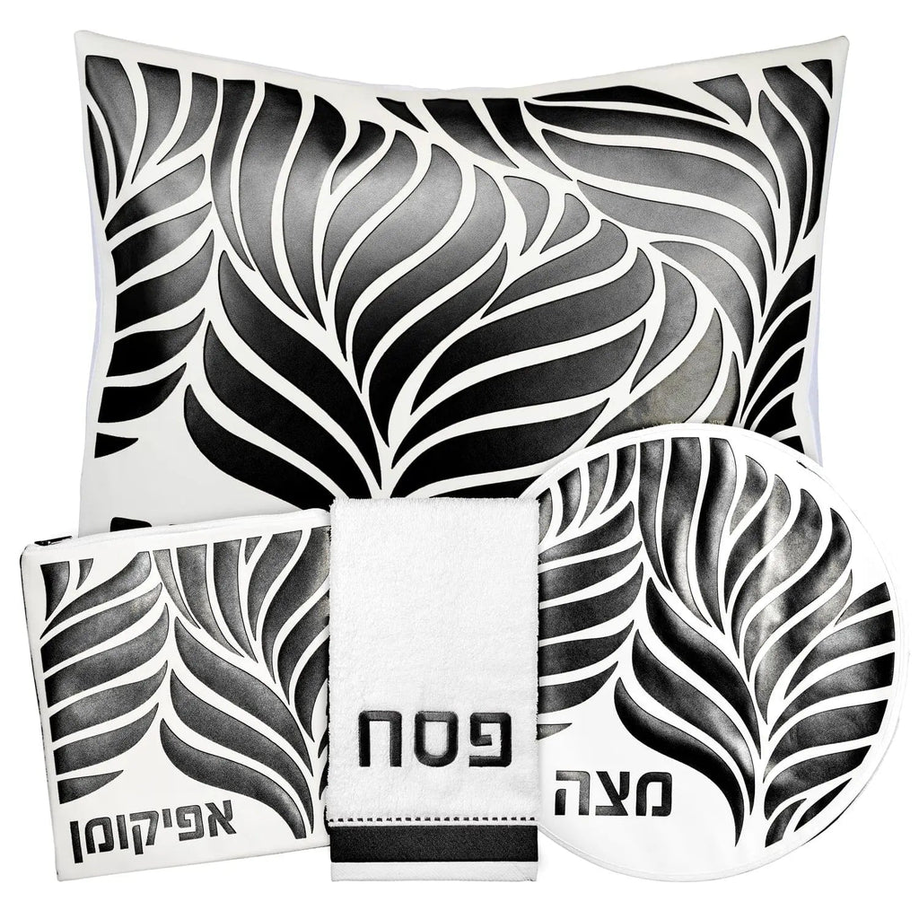 Leaf Laser Cut Pesach Set in black and white geometric leaf pattern with matching placemats and napkins by Waterdale Collection.