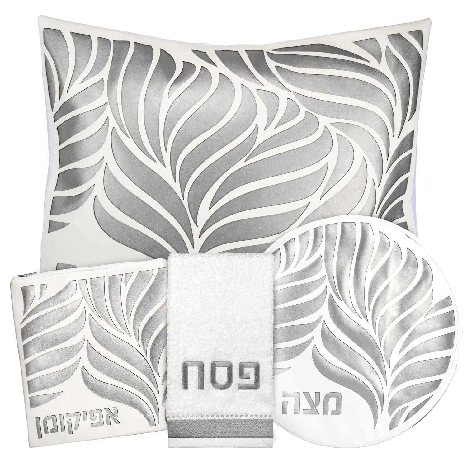Leaf Laser Cut Pesach Set by Waterdale Collection featuring gray and white leaf-patterned leather placemats and matching napkin rings for holiday table settings.