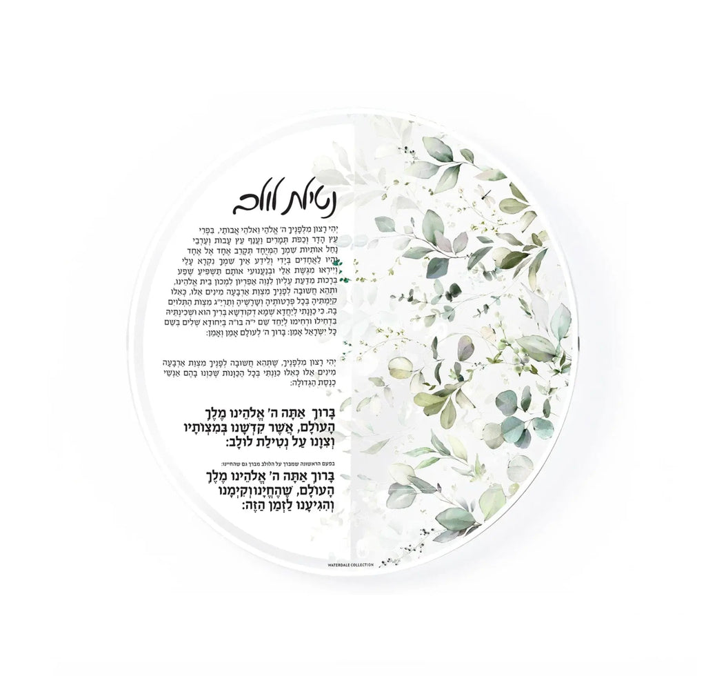 Leaf Sukkah Decoration Set by Waterdale Collection featuring watercolor botanical illustrations in green tones on white circular packaging, perfect for holiday decorating.