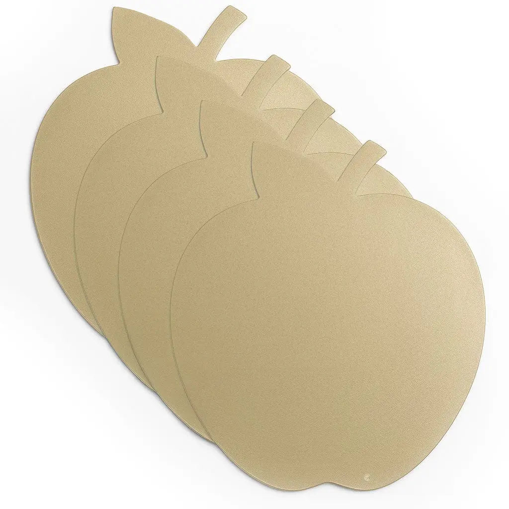 Gold leather apple-shaped charger plate from Waterdale Collection, featuring dimensional leaf details and a warm metallic finish for elegant table settings.