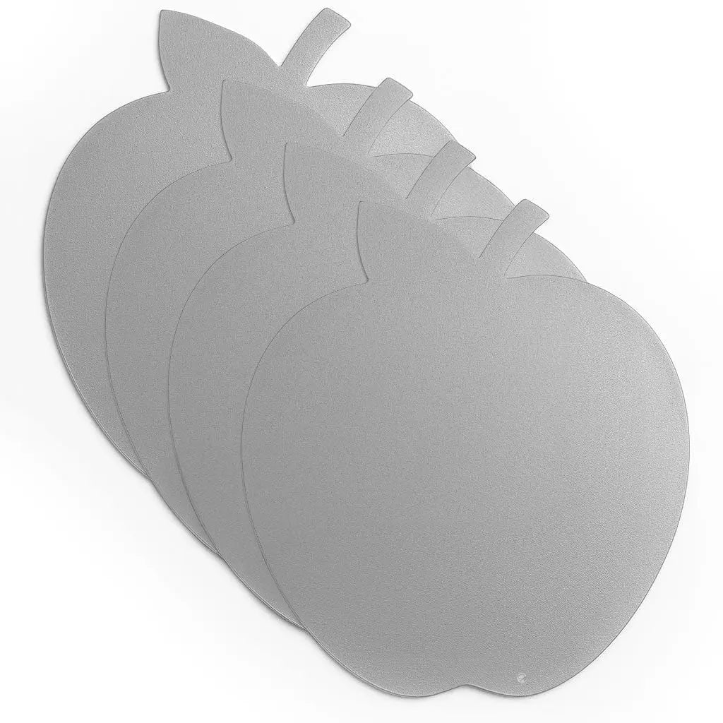 Gray leather apple-shaped charger plate from Waterdale Collection, featuring detailed leaf design on top and smooth curved base for table settings.