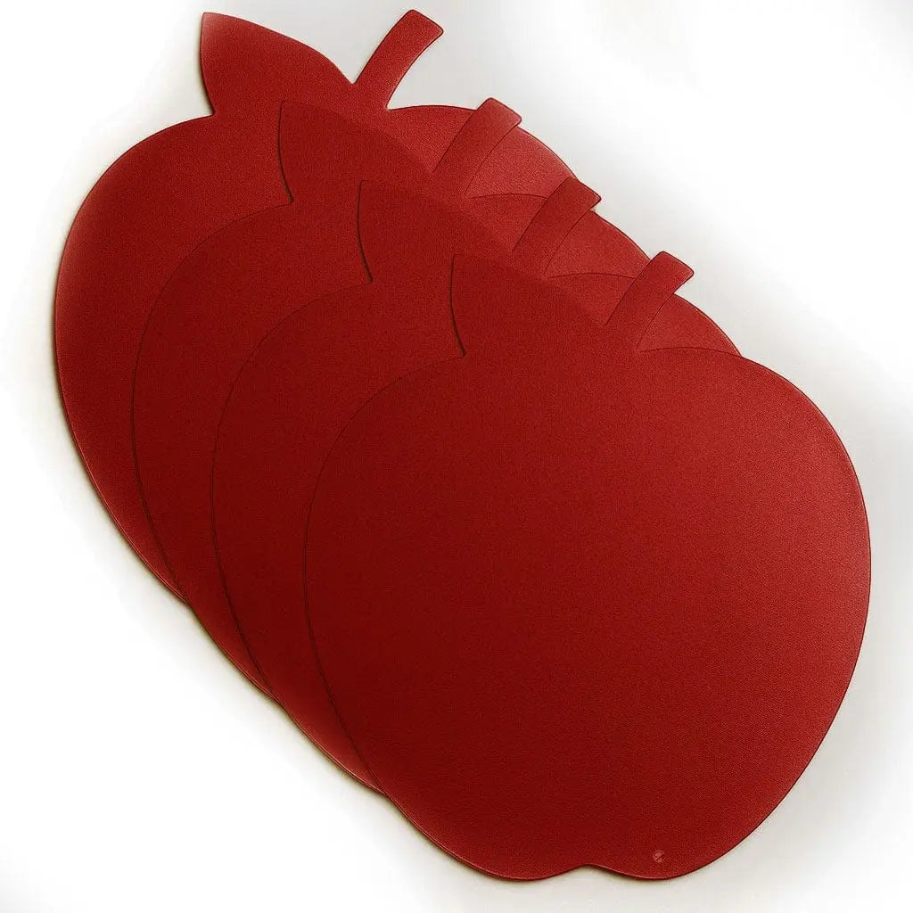 Red leather apple-shaped charger plate with stem detail by Waterdale Collection for holiday table settings