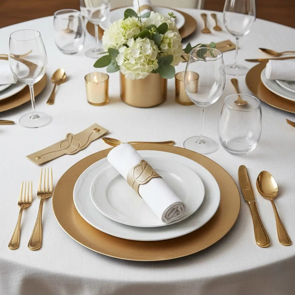 Leather Dreidel Napkin Wraps in tan gold displayed on formal place setting with white plates and gold flatware for holiday table decor.