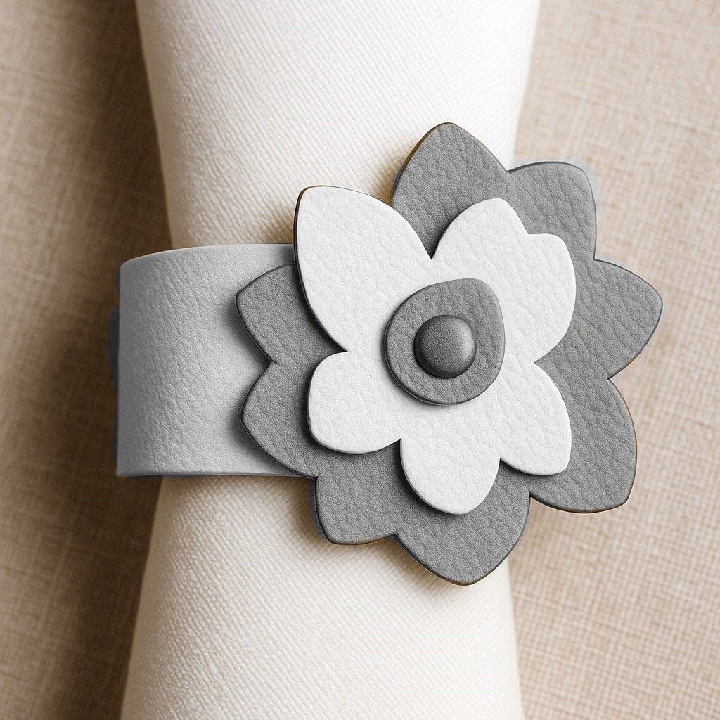 Silver Leather Flower Napkin Wraps 