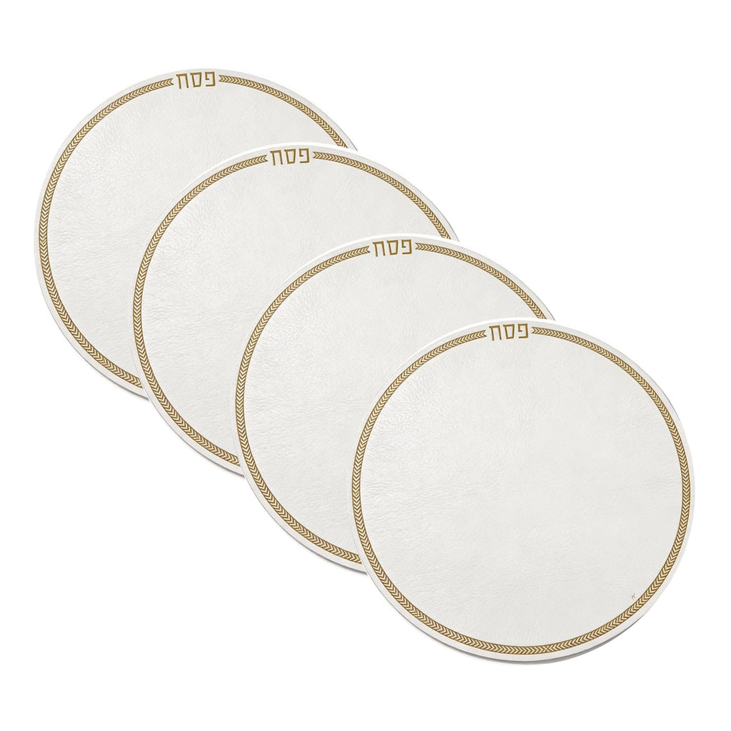 Round leather herringbone charger plate with a textured grey and white geometric design — Waterdale Collection.