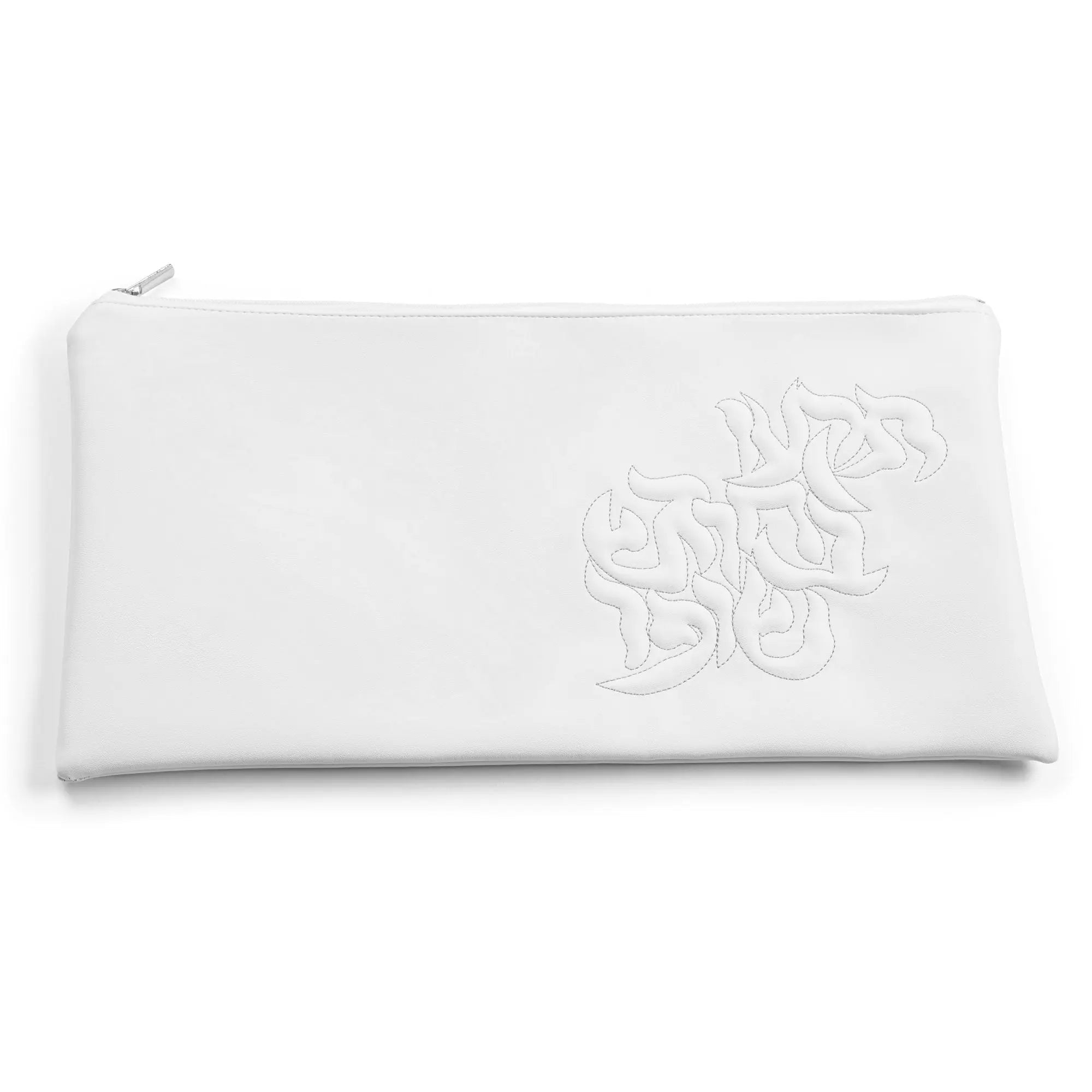 White leather shofar bag with embossed pillow script design, compact storage pouch from Waterdale Collection