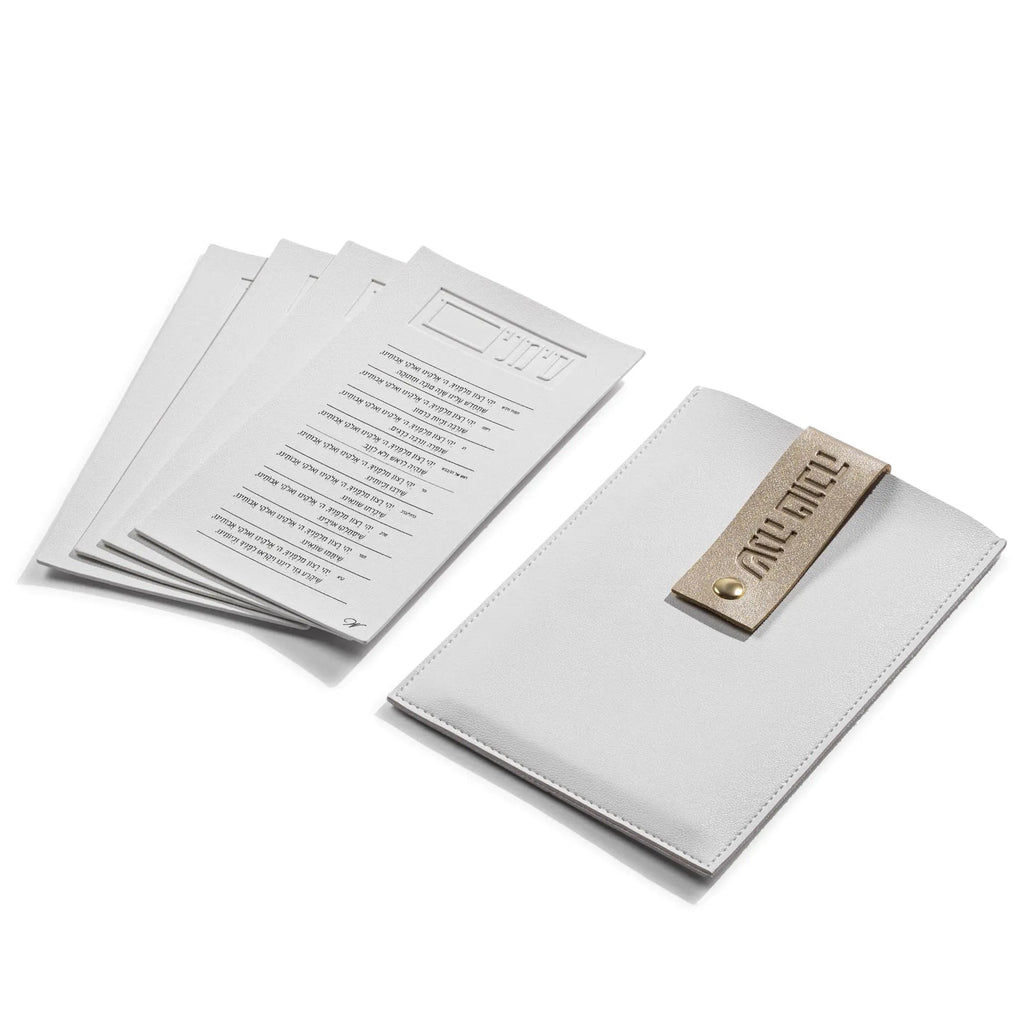 White leatherette Simanim pouch with lucite card set from Waterdale Collection, displayed open showing printed cards inside.