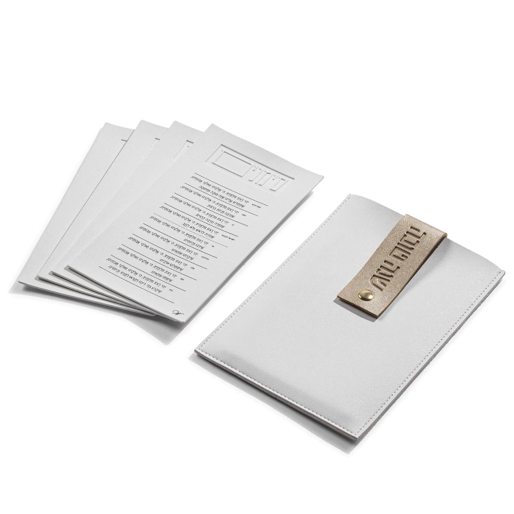 White leatherette Simanim pouch with lucite card set from Waterdale Collection, displayed open showing printed cards inside.