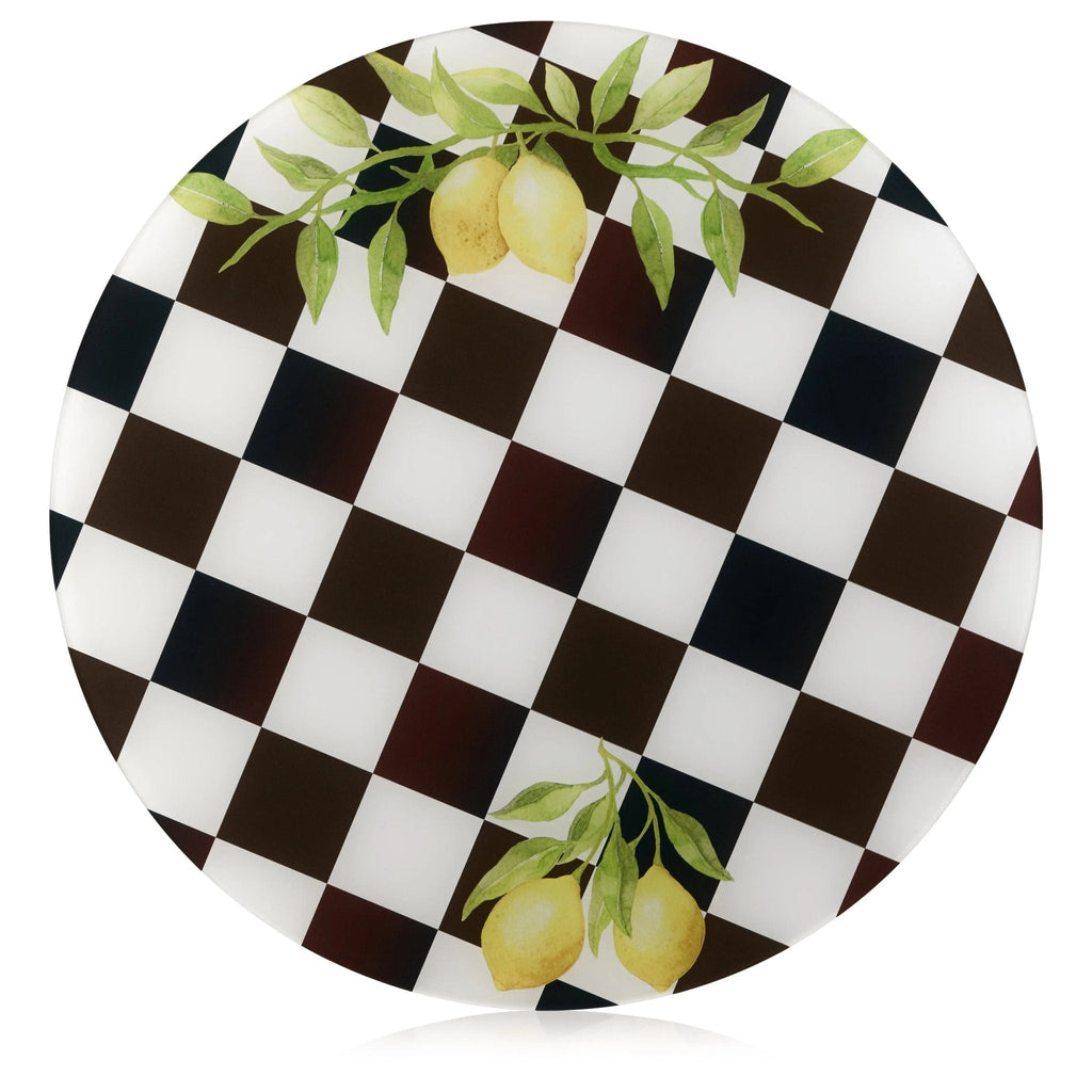 Lemona Chargers with black and white checkered pattern and yellow lemon motifs, perfect for holiday table settings and Pesach dinners.