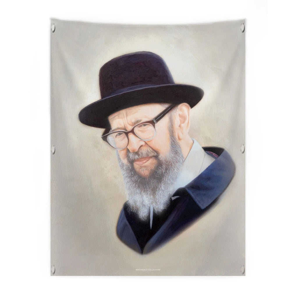 Light Gedolim vinyl sukkah (סוכה) decoration, painted portrait of R' Avigdor Miller in a black hat, for Sukkot