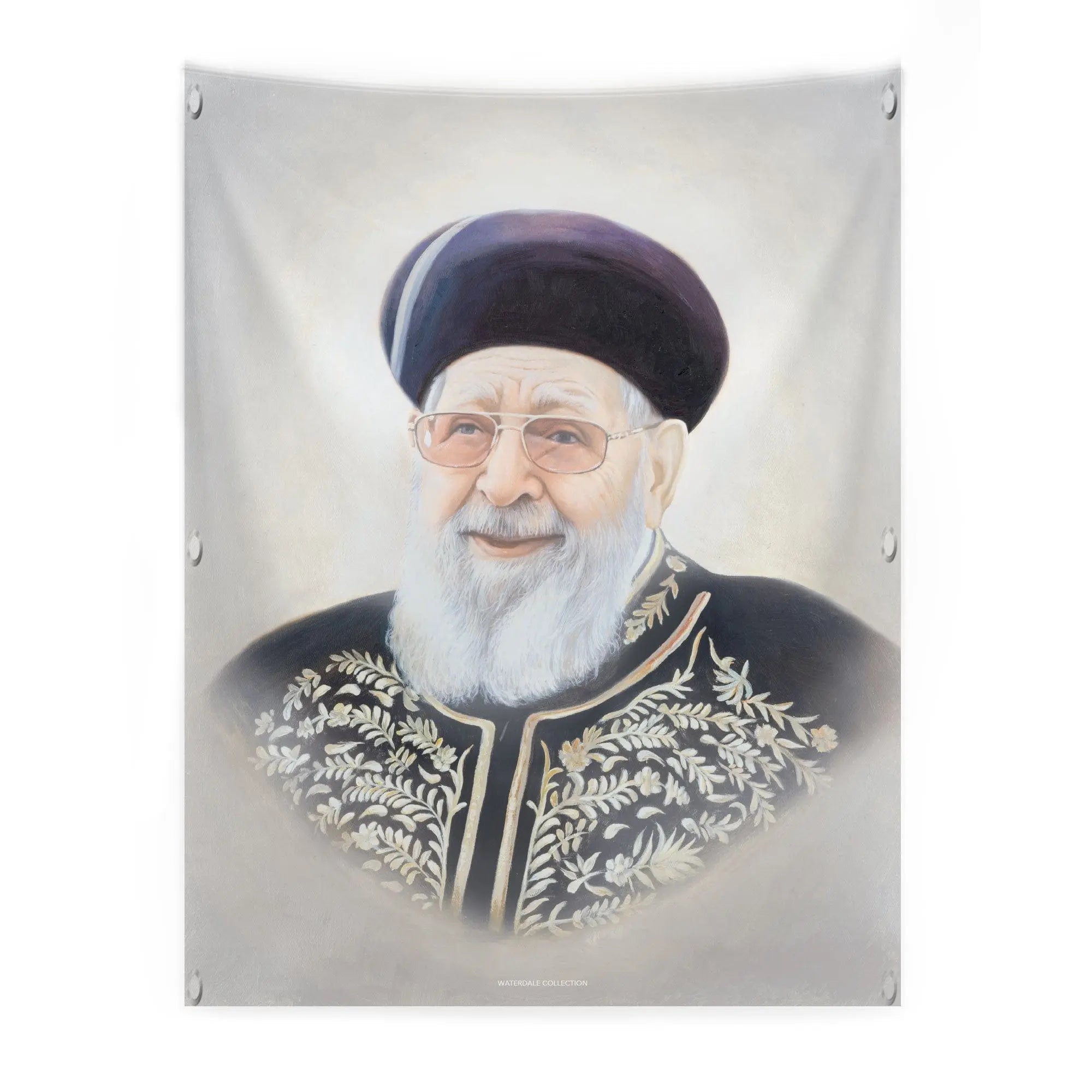 Light Gedolim vinyl sukkah decoration for Succos, painted portrait of R' Ovadia Yosef on 18" x 24" vinyl