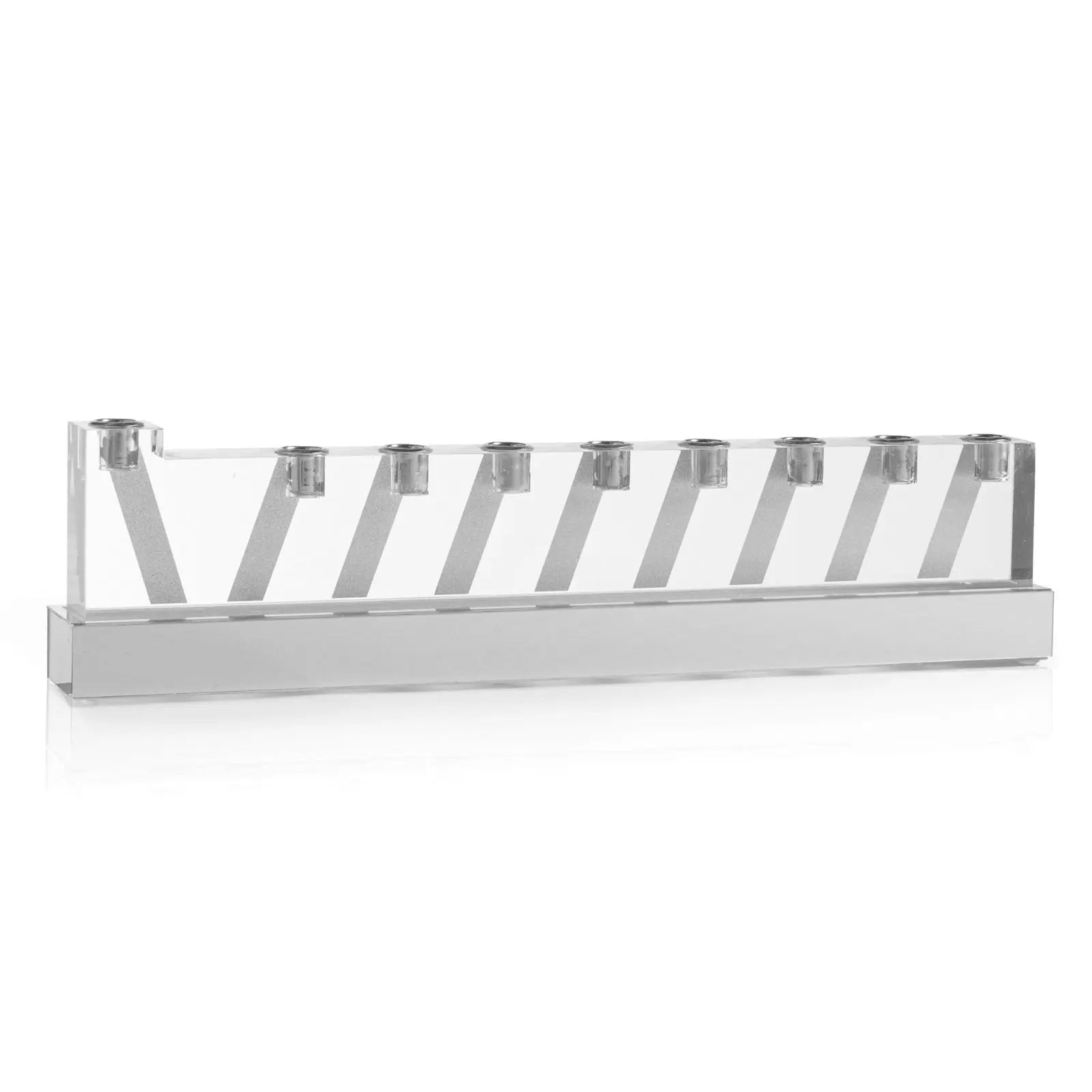 Silver Line Menorah by Waterdale Collection with geometric striped design, sleek modern Chanukah candle holder