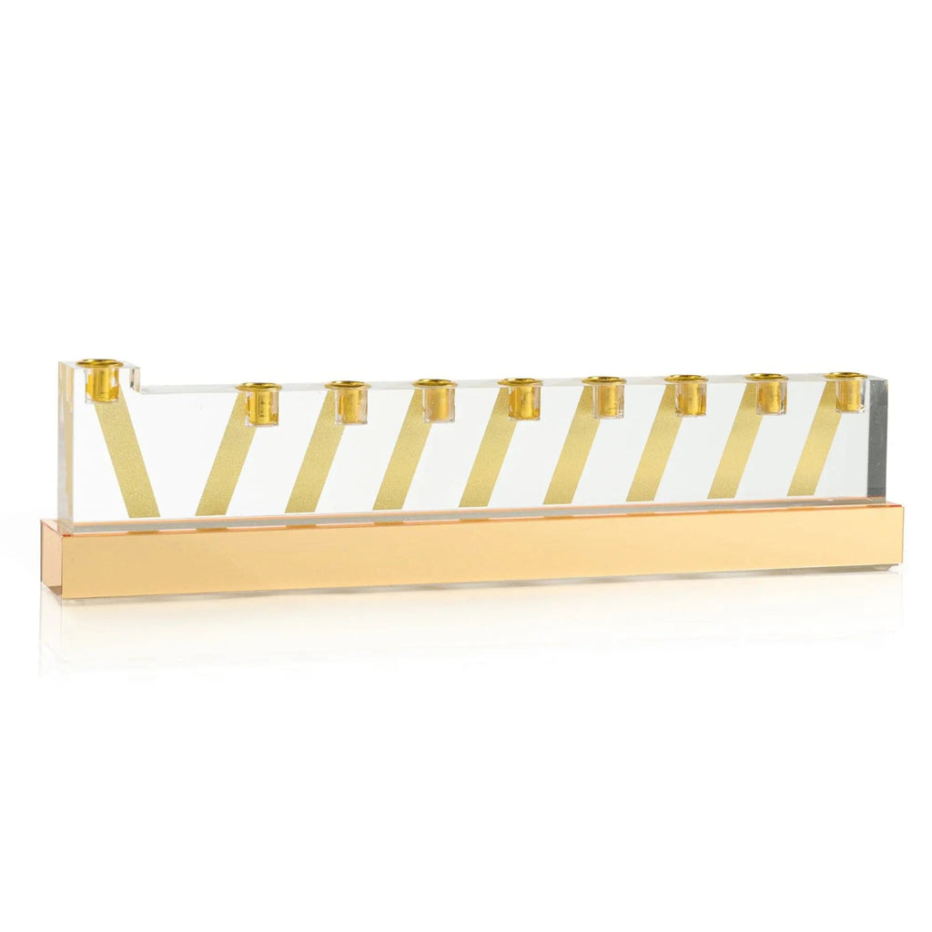 Gold Line Menorah with striped cutout design, a modern Chanukah candle holder by Waterdale Collection.