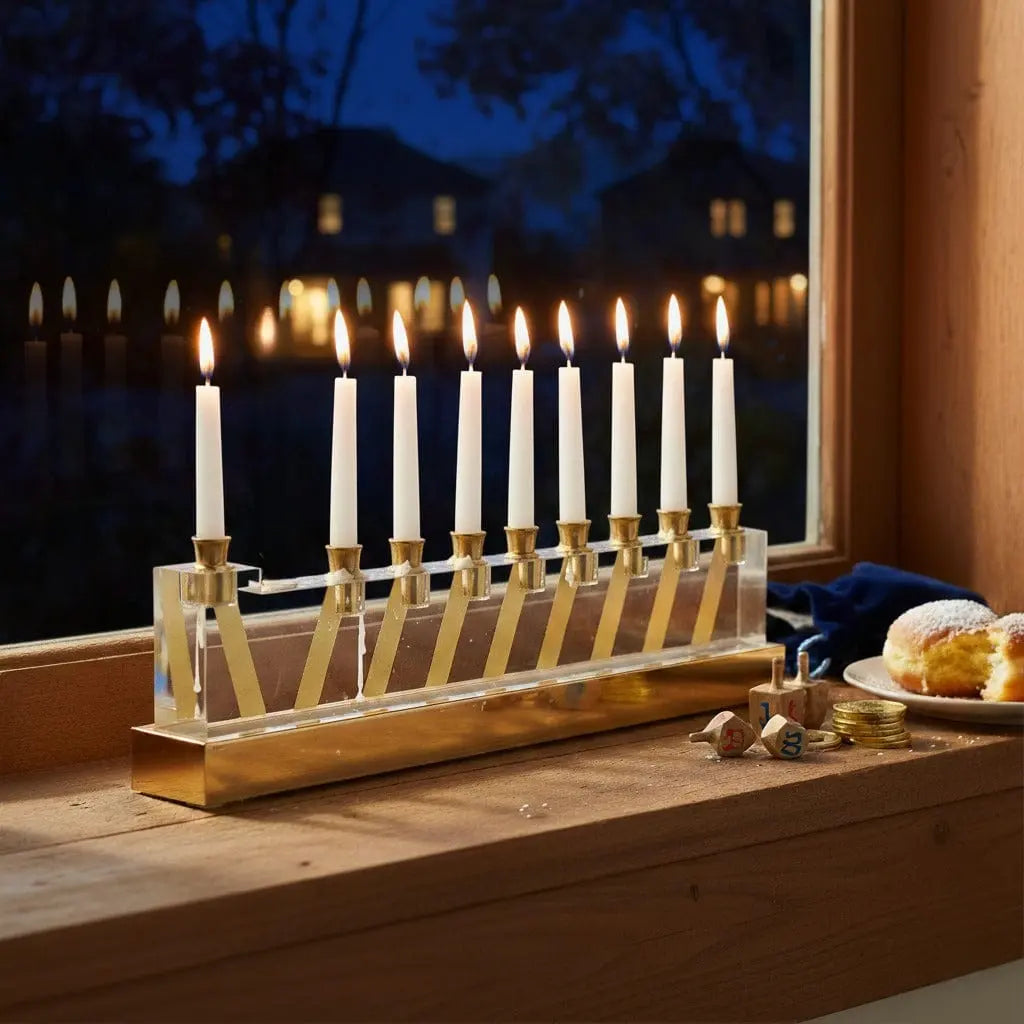Waterdale Collection Line Menorah with nine white candles in brass holders on wooden base, displayed on windowsill with evening view.