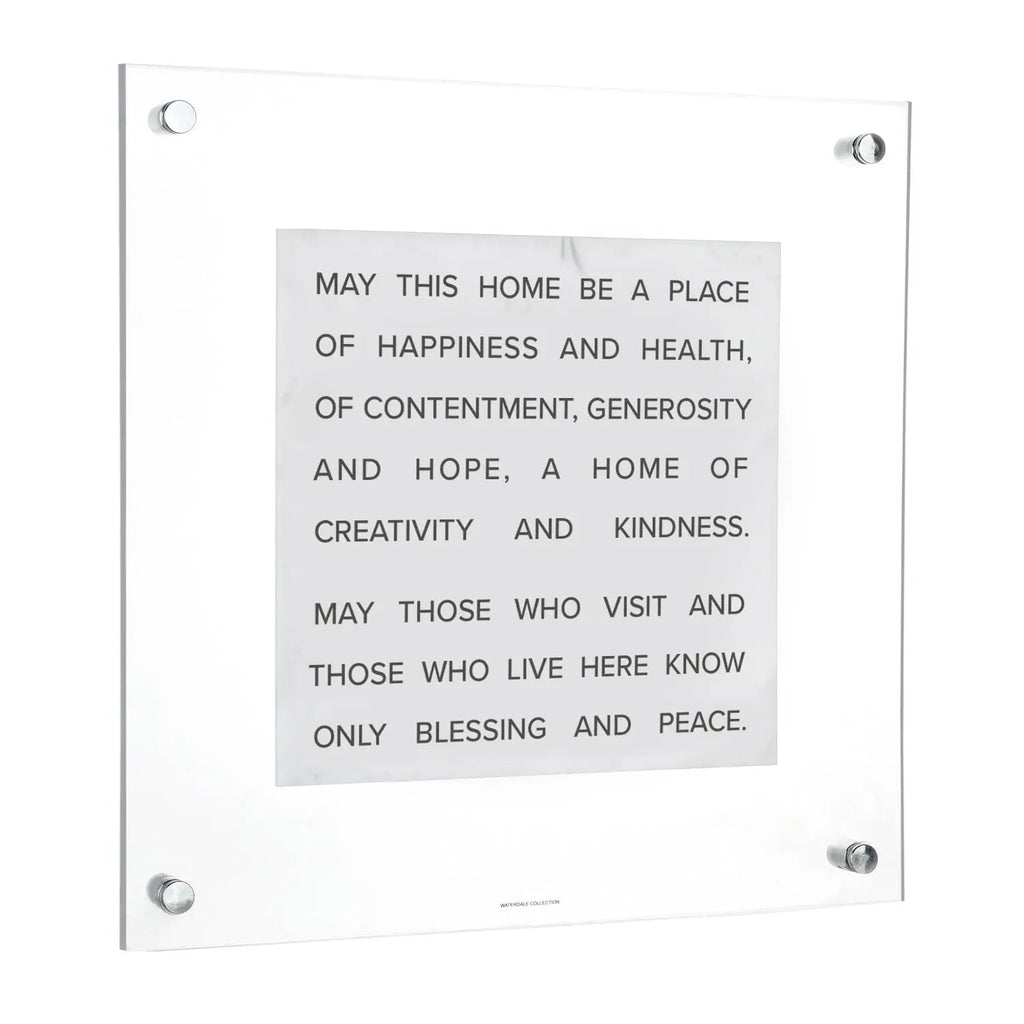 Marble Birchas Habayis wall art with English blessing text in gray stone finish, mounted on white background with metal corners for home decor.
