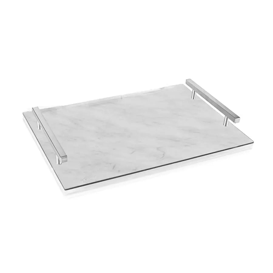 Marble Challah Board with silver handles on white background, featuring sleek gray and white veining throughout the stone surface.