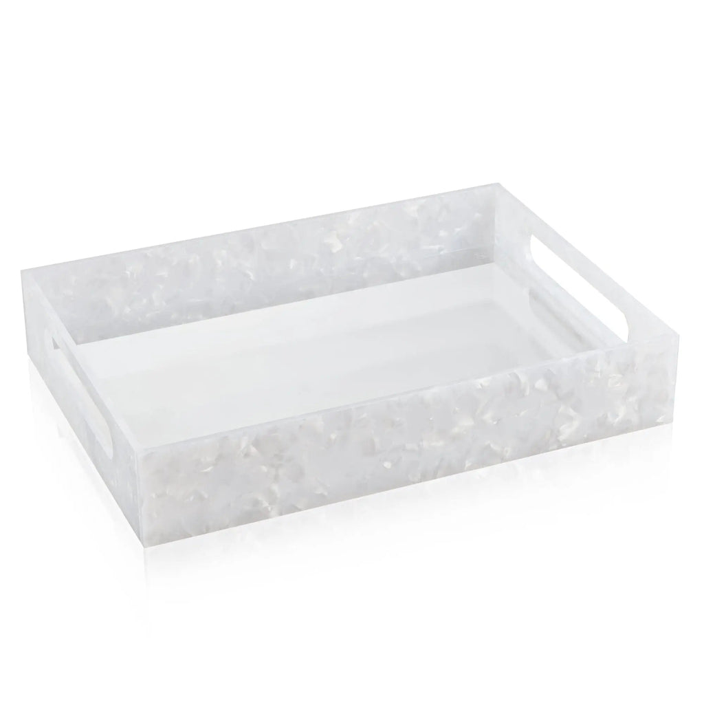 Pearlstone serving tray with white marble finish and handles, rectangular design for bread, tabletop display, or bathroom vanity organization.