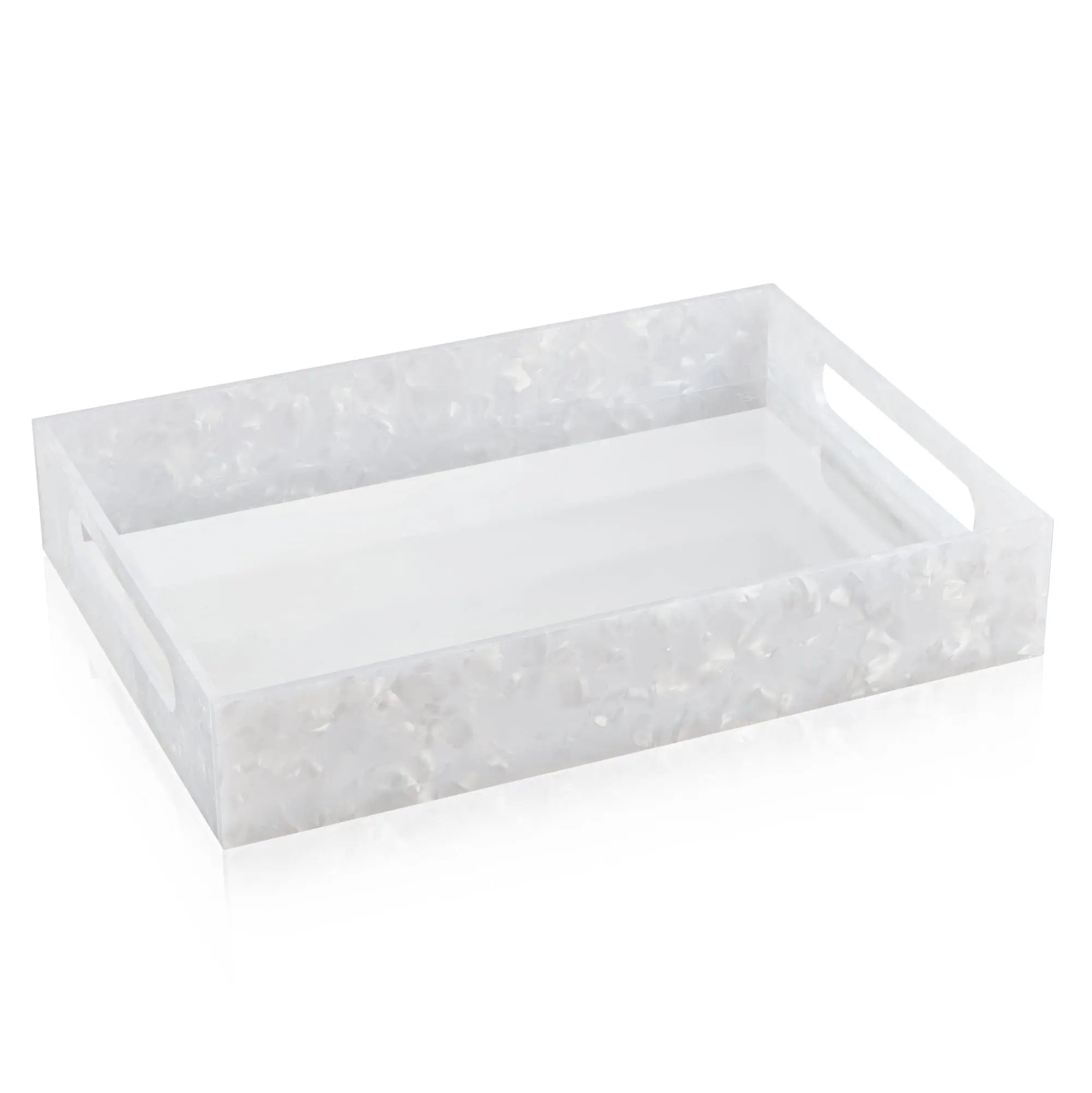 Pearlstone serving tray with white marble finish and handles, rectangular design for bread, tabletop display, or bathroom vanity organization.