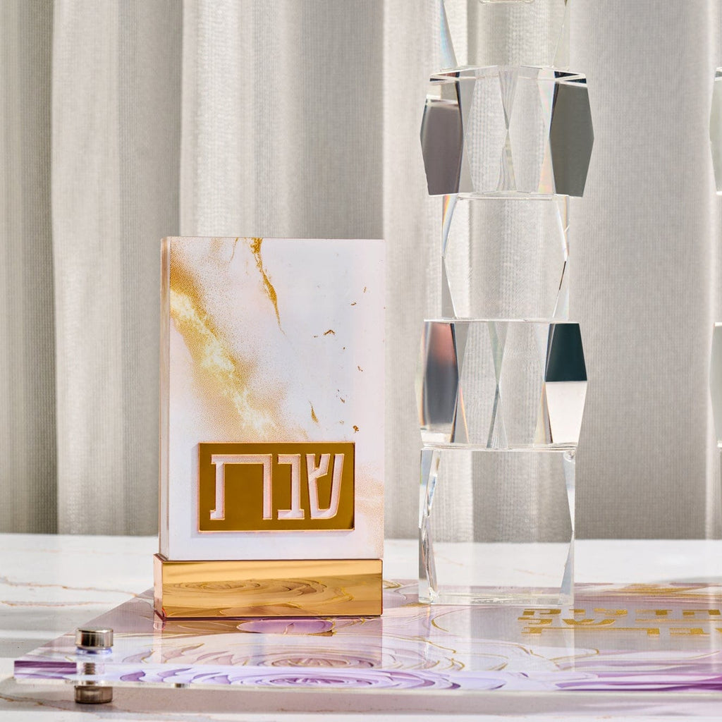 Marble Matchbox Holder with white and gold marble design, modern Judaica Shabbat match holder with Hebrew Shabbos lettering, elegant home decor accessory for candle lighting.